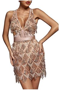 lot 9223 image: LVOW Womens Glitter Sexy Deep V Neck Sequin Beaded Halter Bodycon Mini Nightclub Party Dresses (S,Champagne)
