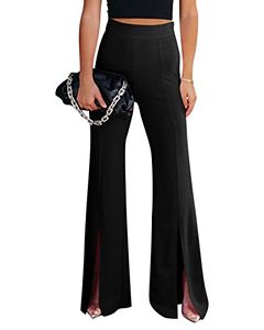 lot 9224 image: Womens Split Front Pants Elastic High Waist Flare Wide Leg Pants Elegant Bell Bottom Trousers Black, M