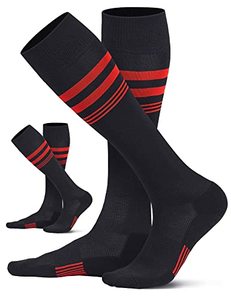 lot 9225 image: CS CELERSPORT 2 Pack Soccer Socks for Youth Kids, Men and Women Sport Softball Socks with Cushion, BlackRed, Large