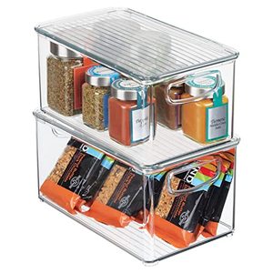 lot 9235 image: mDesign Plastic Deep Storage Bin Box Container with Lid and Built-In Handles - Organization for Fruit, Snacks, or Food in Kitchen Pantry, Cabinet, or Cupboard, Ligne Collection, 2 Pack, Clear