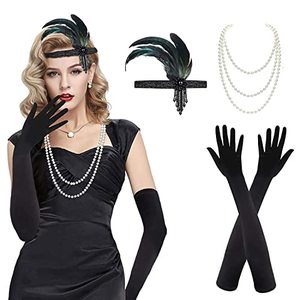 lot 9236 image: 3 Pack 1920s Flapper Headband Accessories Set, Vintage Flapper Feather Headband, Black Long Gloves, Pearl Necklace, Great Gatsby Costume Accessories, Retro Style Hair Accessories