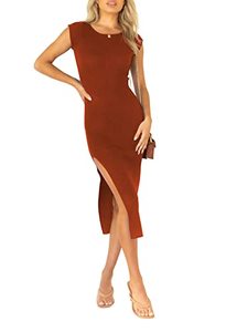 lot 9239 image: LaSuiveur Womens Short Sleeve High Slit Bodycon Summer Beach Vacation Midi Dress Brown M