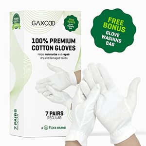 lot 9248 image: Gaxcoo  100% Premium Cotton Moisturizing Gloves for Dry Hands & Eczema  Overnight Lotion, Sleep & Spa Treatment for Women & Men  Reusable, Washable - Free Washing Bag, Wristband (White - 7 Pairs)