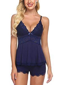 lot 9251 image: wearella Womens Sweetness Cami Set Lace Camisole Lingerie Nightwear Sexy Pajamas Lounge Sets (M, Navy Blue)