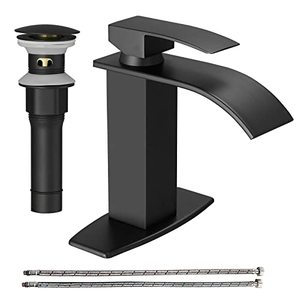 lot 9254 image: Hoimpro Black Waterfall Bathroom Faucet with cUPC Supply Lines, Single Handle Bathroom Sink Faucet with Pop-up Drain, Rv Vanity Vessel Faucet with Deck Plate, Matte Black, 1 or 3 Hole