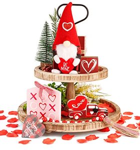 lot 9257 image: Valentines Day Tiered Tray Decor, Valentines Day Decorations Set with Gnomes Plush & 3 Wooden Signs & Wooden Bead Garland & 500 Rose Petals for Home Table (Tray not Included)