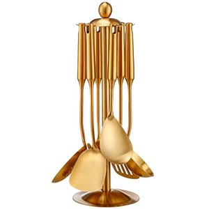 lot 9269 image: Gold Kitchen Utensils Set with Stand � 7 Piece 304 Stainless Steel Brass Cooking Tools with Rotating Holder, Spatula, Slotted Turner, Ladle, Skimmer, Pasta Server, Large Rice Spoon