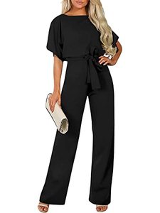 lot 9271 image: LEMDANNU Black Dressy Jumpsuits for Women Travel Loose Crew-neck Short Sleeve Tie Waist Wide Legs Rompers Black XL