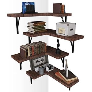 lot 9274 image: SAUMONIERES Corner Floating Shelves Solid Wood Wall Shelf for Bedroom Living Room Kitchen Wall Mounted Storage Decor Rustic Brown Set of 4