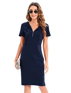 lot 9279 image: MISSKY Short Sleeve Pullover Hooded Dress for Women Casual Half Zip Cotton Dress,Navy-Short Sleeve L
