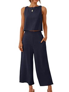 lot 9287 image: ANRABESS Womens 2 Piece Outfits Summer Beach Vacation Clothes Sleeveless Tank Crop Button Back Top Cropped Wide Leg Pants Matching Set Tracksuit 546Zangqing-XL
