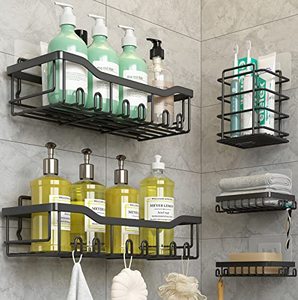 lot 9302 image: Coraje Shower Caddy, Shower Shelves 5-Pack, Adhesive Shower Organizer No Drilling, Large Capacity, Rustproof Stainless Steel Bathroom Shower Organizer, Shower Shelf for Inside Shower, Black.