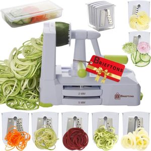 lot 9309 image: Brieftons 7-Blade Vegetable Spiralizer Strongest-Heaviest Spiral Slicer, Best Veggie Pasta Spaghetti Maker for Low CarbPaleoGluten-Free Meals, With Container, Lid, Blade Caddy & 4 Recipe Ebooks