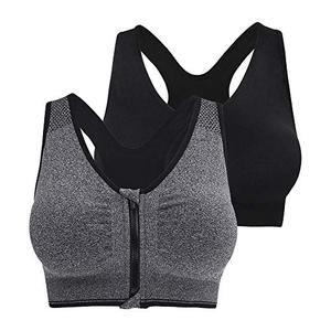 lot 9310 image: Fapreit Womens Zip Front Closure Sports Bra - Seamless Wirefree Post Surgery Padded Racerback Workout Gym Yoga Bras 2 Pack (Black, Grey)