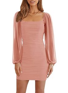 lot 9313 image: Wenrine Womens Mesh Long Sleeve Square Neck Ruched Party Club Cocktail Bodycon Mini Dress Pink Orange