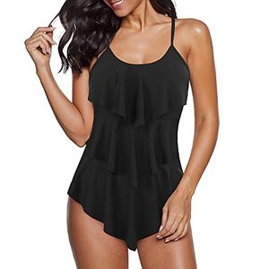 lot 9319 image: Zando Womens One Piece Swimsuits Retro Tankini Swimsuits Tummy Control Bathing Suits Plus Size Swimsuit Ruffled Tiered Swim Suits Modest Swimwear 01 Black Flounce US 10-12 (Tag XL)