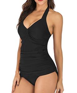 lot 9321 image: Mingnos Womens Halter Ruching Two Piece Bathing Suits Slimming Tankinis Swimwear (Black, L)