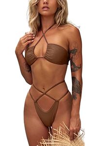 lot 9323 image: ioiom Women Two Piece Swimsuit Sexy Swimwear Halter String Triangle Bikini Sets Brown S