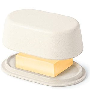 lot 9325 image: White Cream Butter Dish with Lid For Countertop - Modern Bamboo Butter Crock - Dishwasher Safe Butter Keeper Tray - Perfect Size Butter Holder Container For Large European Style Butter like Kerrygold