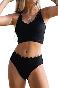 lot 9331 image: Beachsissi Womens Cute Scalloped Hem Bathing Suit Ribbed Tie Back Bikini Set Solid Color, Black, XL