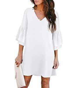 lot 9336 image: BELONGSCI Womens 2023 Summer Dress Sweet & Cute V-Neck Bell Sleeve Shift Dress Mini Dress, Perfect for Wedding or Graduation
