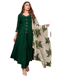 lot 9370 image: Indian Kurti for Womens With Pant & Dupatta  Rayon Foil Printed Long Kurta Partywear Kurtis For Women Tunic Tops Dark Green