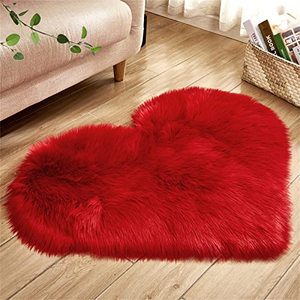 lot 9381 image: Heart Rugs for Home Decor, Heart Shaped Faux Fur Rug, Faux Sheepskin Rug, Red Shag Fluffy Area Rugs, Accent Carpets for Bedroom Living Room, Love Coquette Room Decoration 2 x 3 Feet Plush Mat