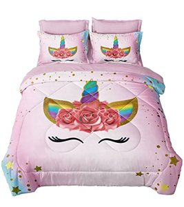 lot 9382 image: SIRDO Twin Bedding Sets for Girls Pink Unicorn Bed Comforter Sets with Sheets 5 Pieces Kid Girl Bed in a Bag Soft Princess Bedding Colorful Rainbow Bed Set Washable