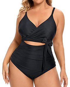 lot 9394 image: Daci Women Plus Size One Piece Swimsuits High Waisted Tummy Control Black Swimwear Cutout Open Back Monokini 12W