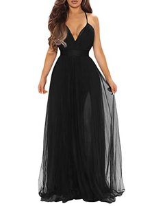 lot 9398 image: XXTAXN Womens Sexy Deep V Neck Split Cocktail Party Formal Bridesmaid Maxi Dress Black