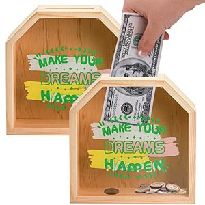 lot 9400 image: YOUEON Set of 2 Wooden Piggy Bank for Kids & Adults, 7x7x5 Inch Decorative Shadow Box Piggy Bank Money Box Wedding Bank Coin Bank for Adults Vacation Fund Make Your Dreams Happen