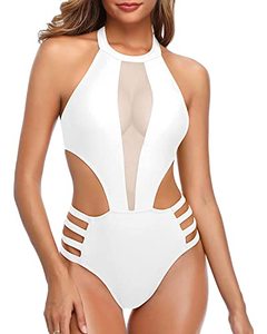 lot 9410 image: Tempt Me Women One Piece Sexy Mesh Swimsuit White High Neck Cutout Monokini L