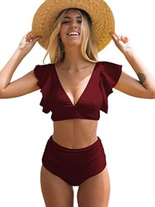 lot 9452 image: SPORLIKE Women Ruffle High Waist Swimsuit Push Up Tropical Bikini(Solid Red,X-Large)