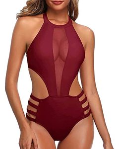 lot 9459 image: Tempt Me Women One Piece Sexy Mesh Swimsuit Wine Red Backless Sexy Cutout Swimwear M