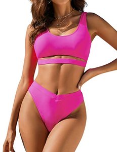 lot 9461 image: Blooming Jelly Womens Cheeky High Cut Bikini Cutout 2 Piece Swimsuit High Waisted Sexy Bathing Suits (X-Large, Hot Pink)