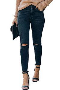 lot 9478 image: Allimy Women High Waist Destroyed Boyfriend Jeans High Rise Ripped Denim Black Size 14
