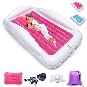 lot 9483 image: Sleepah Inflatable Toddler Travel Bed � Inflatable & Portable Bed Air Mattress Set �Blow up Mattress for Kids with High Safety Bed Rails. Set Includes Pump, Case, Pillow & Plush Toy (Coral)