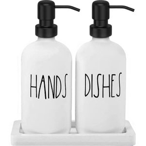 lot 9493 image: White Glass Kitchen Soap Dispenser Set with Tray by Brighter Barns - Hand and Dish Soap Dispenser for Kitchen Sink - Farmhouse Soap Dispenser Set - Modern Farmhouse Kitchen Decor & Home Decor (White)