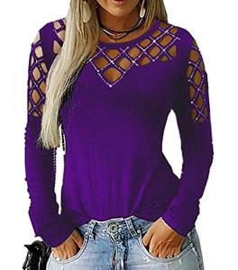 lot 9500 image: Memorose Women Casual Pullover Crewneck Cut Hollow Rhinestone Long Sleeve Loose Fit Top T Shirt (Purple, XXX-Large)