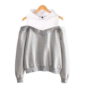lot 9504 image: Women Cold Shoulder Hoodie Crop Top Sweatshirt Drawstring Long Sleeve Hooded Cut Out Tops Gray