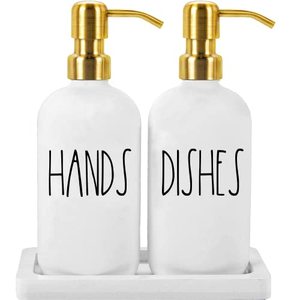 lot 9517 image: Luxury Gold Soap Dispenser for Kitchen Sink by Brighter Barns - White Glass Kitchen Soap Dispenser Set with Tray & Stainless Steel Pump - Modern Farmhouse Decor, White and Gold Kitchen Accessories