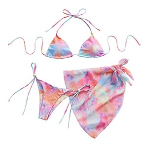 lot 9657 image: Qlarnaweer Womens Tie Dye 3 Piece Triangle Bikini Swimsuits with Skirt Multicolor L