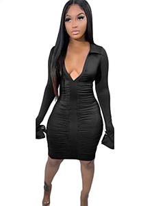 lot 9658 image: Womens Sexy Deep V Neck Long Sleeve Ruched Flare Sleeve Turn Down Collar Fall Spring Bodycon Party Club Night Short Mini Dresses Black L