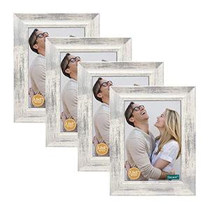 lot 9666 image: DECANIT 3.5x5 Picture Frames Rustic Distressed White Wood Pattern High Definition Glass for Table Top Display and Wall Mounting Photo FramePack of 4