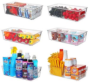 lot 9670 image: ESARORA Plastic Storage Bin with Lid and Divider, Clear Shallow Pantry Organizer with Handle for Fridge, Cabinet, Kitchen, Bedroom, Closet, Bathroom, Office, Pantry Organization, 6 Pack - 12.6 inch