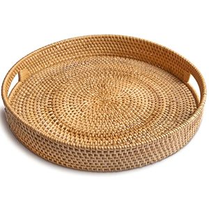 lot 9680 image: HITOMEN Hand-Woven Round Rattan Serving Tray Decorative Wicker Trays with Handles for Coffee Table