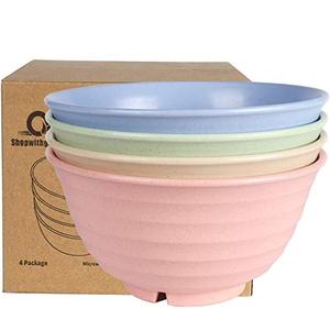 lot 9681 image: shopwithgreen Wheat Plastic Cereal Bowls, Resuable Bowls for Kitchen, Set of 4, Microwave and Dishwasher Safe, for Soup, Oatmeal, Ramen, RV, Camping, Kids, College Dorm Room, 30OZ