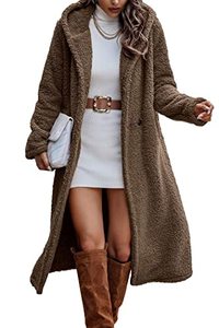 lot 9695 image: PRETTYGARDEN Womens 2023 Winter Coats Fuzzy Fleece Long Hooded Jackets Button Down Faux Fur Warm Outwear with Pockets (Khaki,Medium)