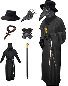 lot 9698 image: Nicexx Plague Doctor Mask Costumes Set 6 in 1 Halloween Beak Mask Plague Dr Outfit for Adults (Dark black)