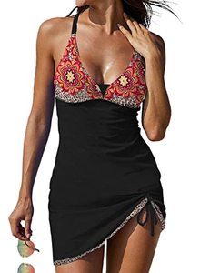 lot 9706 image: EVALESS Fashion Deep V Neck One Piece Swimsuits for Women Tummy Control Printed Bathing Suits Drawstring Skirt Swimwear Red Large